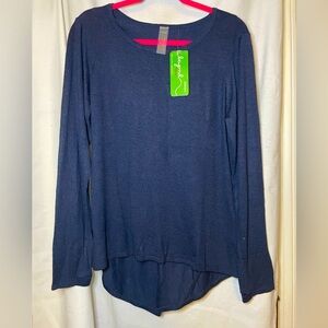NWT Zuda EcoVero Navy Long Sleeve Asymmetrical Cross Open Back High Low Sweater